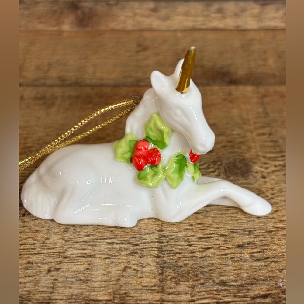 Vintage Enesco Unicorn Christmas Ornament White Porcelain Gold Horn Holly Berry